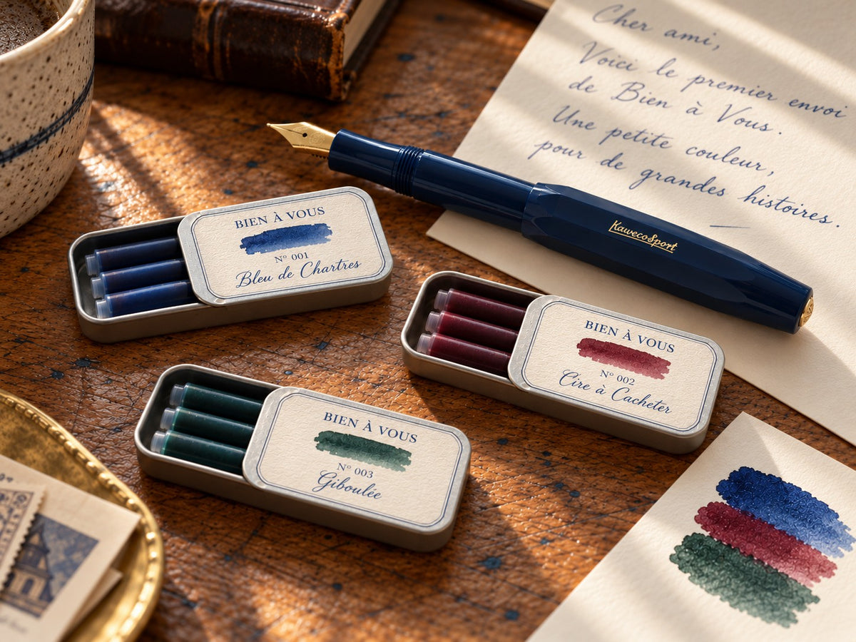 Three tins, Nº 001 Bleu de Chartres, Nº 002 Cire à Cacheter and Nº 003 Giboulée, with a Kaweco pen