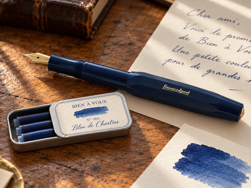 Tin Nº 001 Bleu de Chartres beside a navy Kaweco pen, a handwritten letter and a swatch card