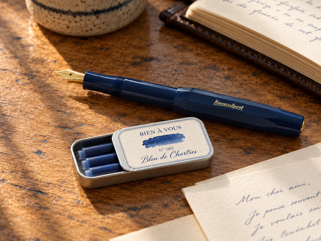 Tin Nº 001 Bleu de Chartres open beside a navy Kaweco pen and handwritten letters