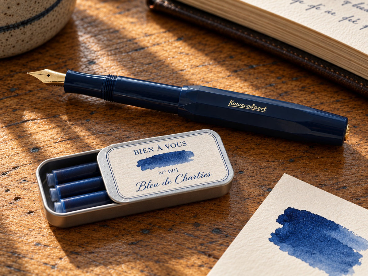 The small slide tin, Nº 001 Bleu de Chartres, with three cartridges beside a Kaweco Sport pen